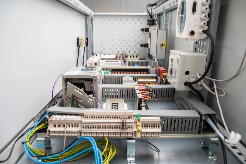 Industriellt automatikskåp med PLC-styrsystem, kablage och komponenter